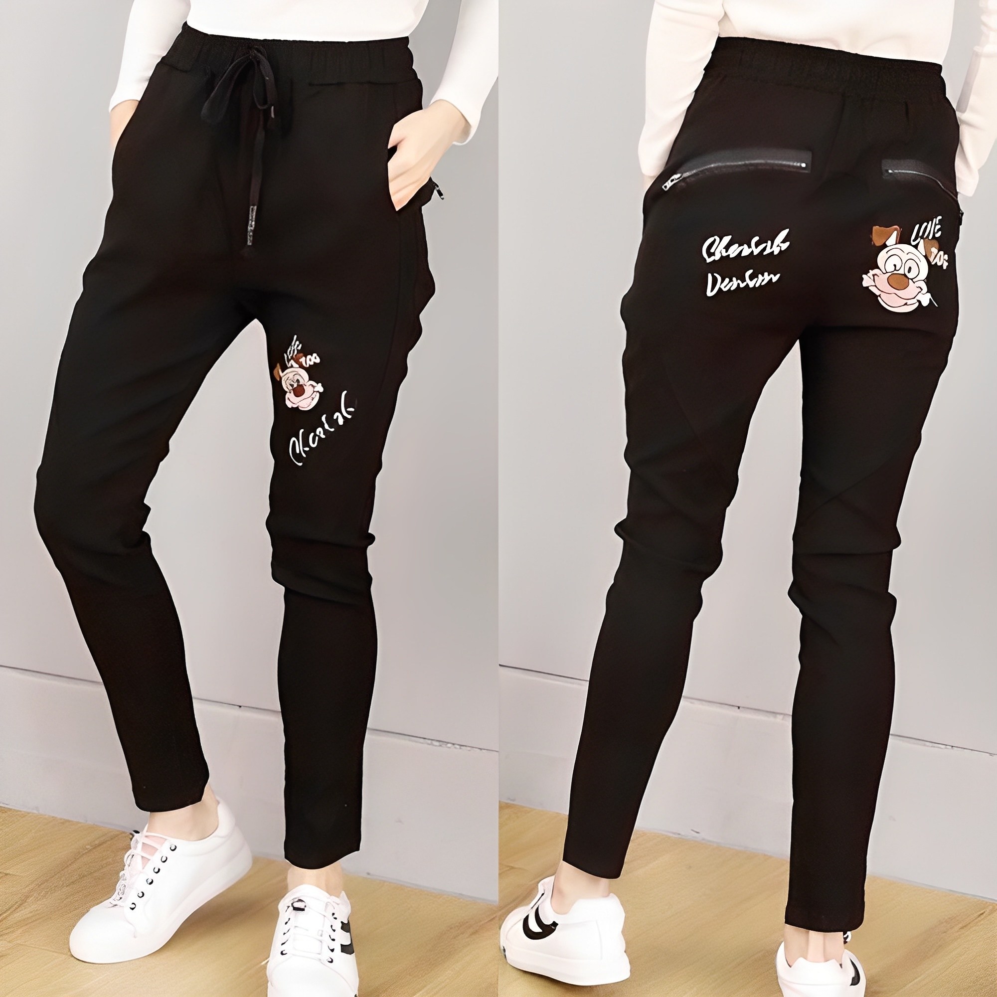 오지다 여성용 강아지 자수 스판 배기팬츠, 현재가 14,900원