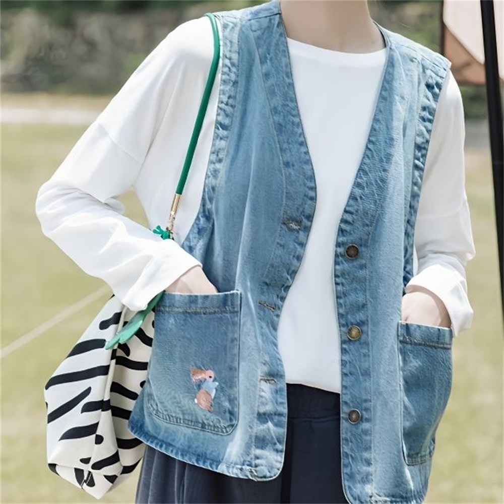 besteffie 여성용 캐주얼 스타일 데님 조끼 봄 가을 빈티지 브이넥 자켓 포켓 자수 패션 디자인 K19 17,990원