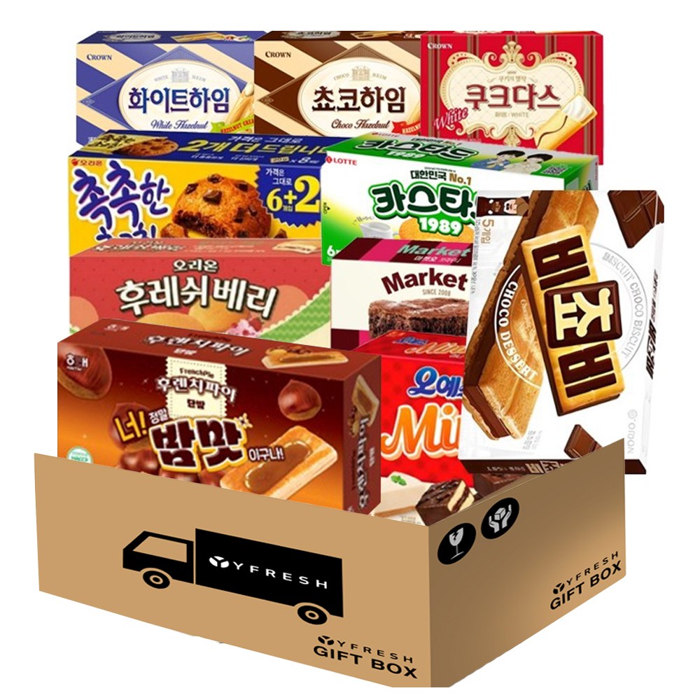 종합 과자 세트 10종(화이트하임 쵸코하임 쿠크다스 마켓오브라우니 비쵸비 오예스미니 촉촉한초코칩 카스타드 후레쉬베리 후렌치파이단밤) +YFRESH박스, 1개 29,900원