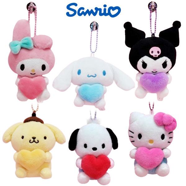 산리오인형 하트 가방고리 8cm 봉제 애착 마이멜로디 쿠로미 시나모롤 폼폼푸린 키티 포차코 인형 6,200원