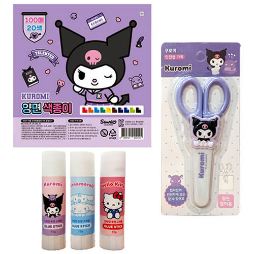 쿠로미 양면색종이 100매 + 쿠로미 안전캡가위 + 산리오 투명고체풀 15g x 3종 10,500원
