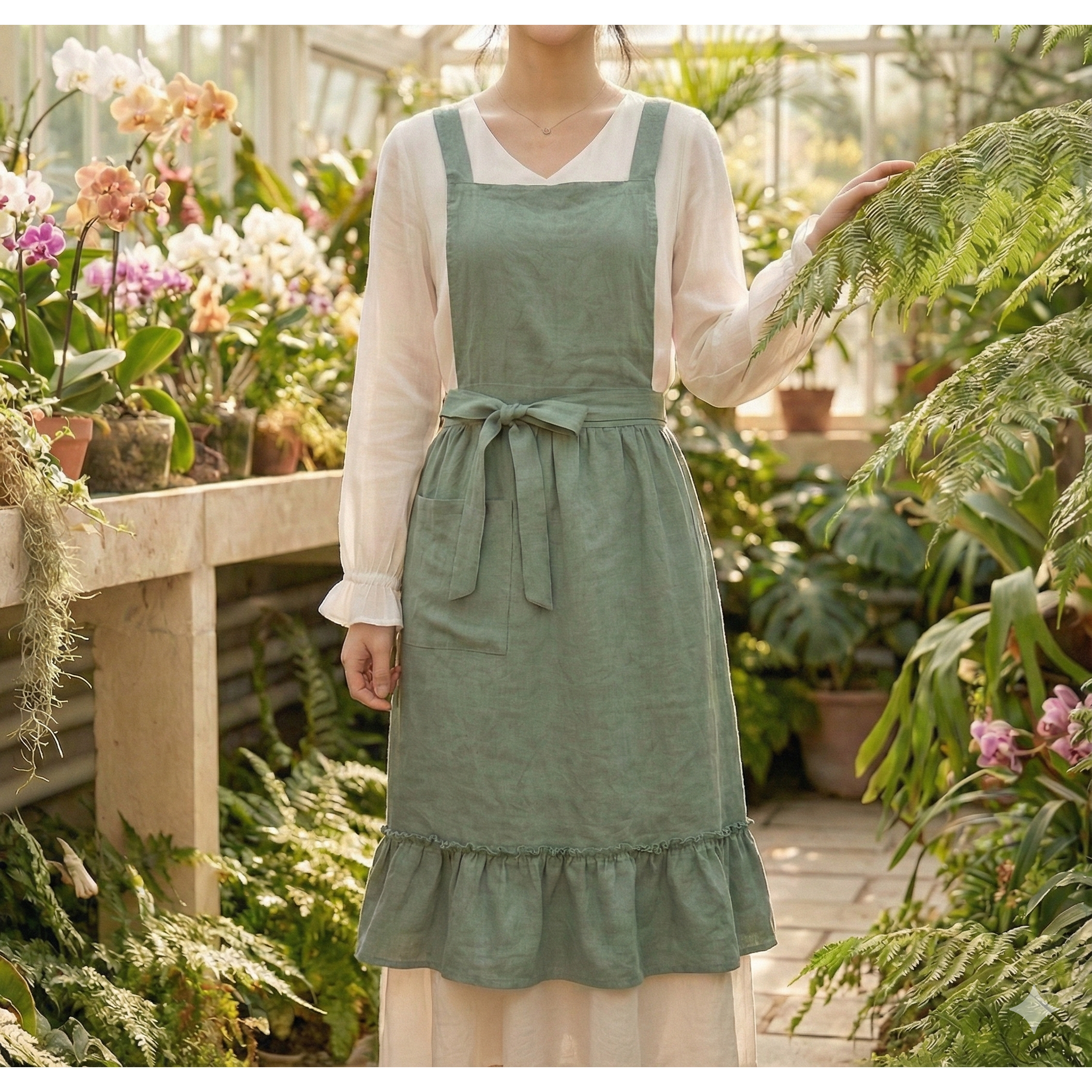 수수아벨 린넨 코튼 프릴 원피스 앞치마, 1개, 세이지그린 31,600원