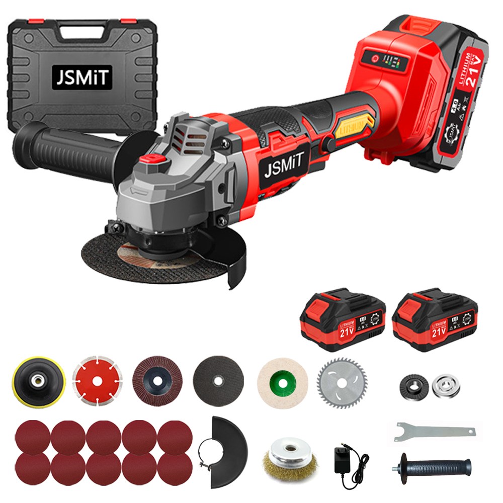 JSMiT 전기 무선 충전 연삭기 연마 절단 고급 브러시리스 모터 하이 엔드 21V 무선 4인치 핸드 그라인더 풀세트 (3 가지 모드 조정) +공구상자+4000mAh배터리x2, 1세트 79,800원