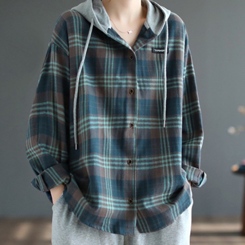 나바바 NC159 여성 레트로 아우터 체크 긴팔 후드 남방 셔츠 19,800원