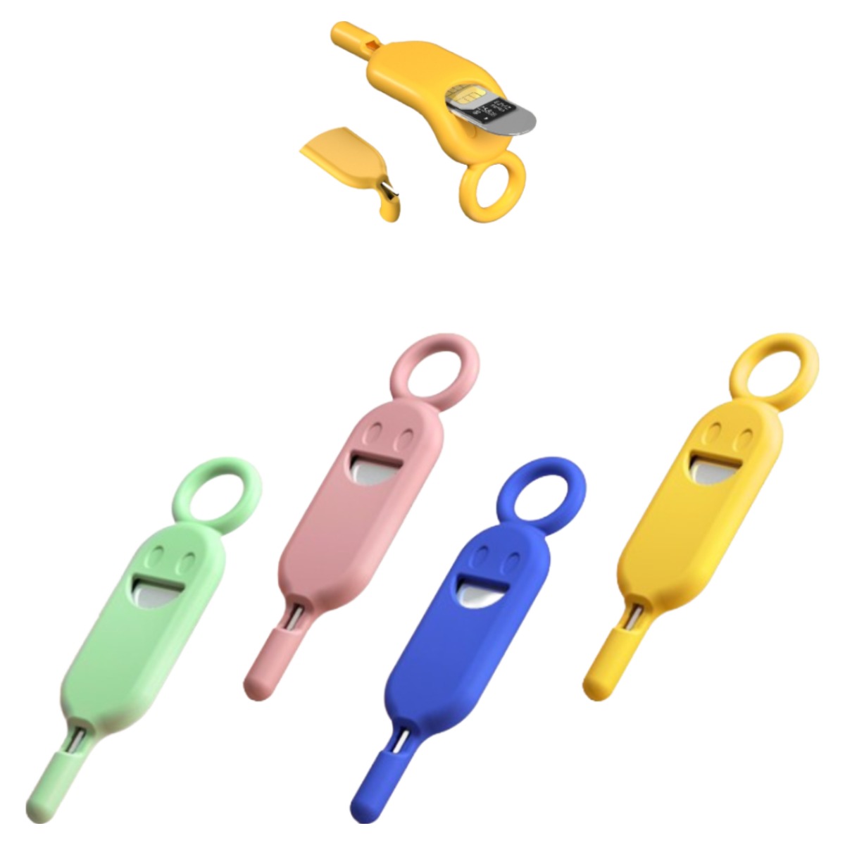 바이유즈 스마일유심칩 보관케이스 키링+제거핀, 핑크+옐로우+블루+그린, 1세트 8,900원