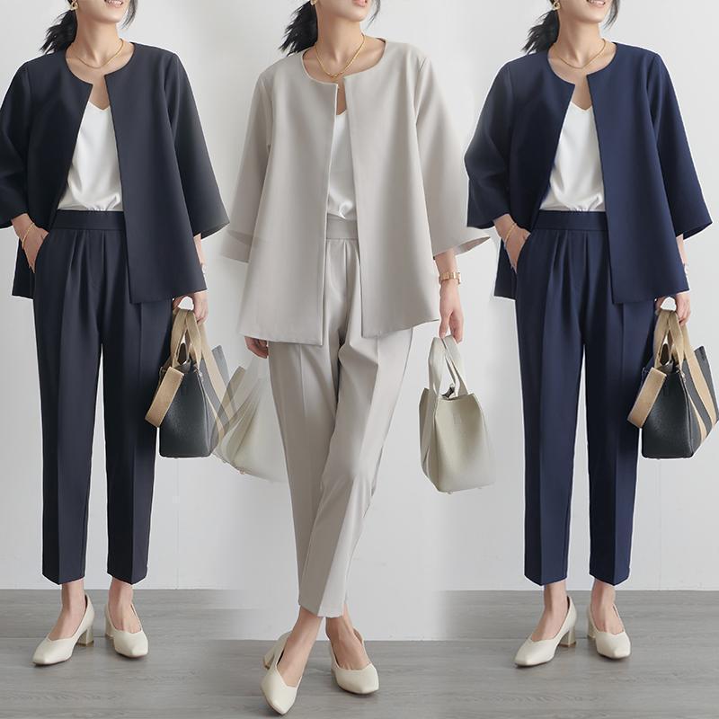 AOUGK 여성 7부 정장 자켓 9부 밴딩 바지 상하세트 캐주얼 투피스 루즈핏 가디건 + 슬랙스 정장세트 36,500원