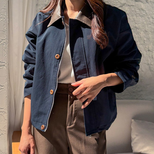 여성용 코튼 레더 배색 카라 워크 자켓 (3color) 31,800원