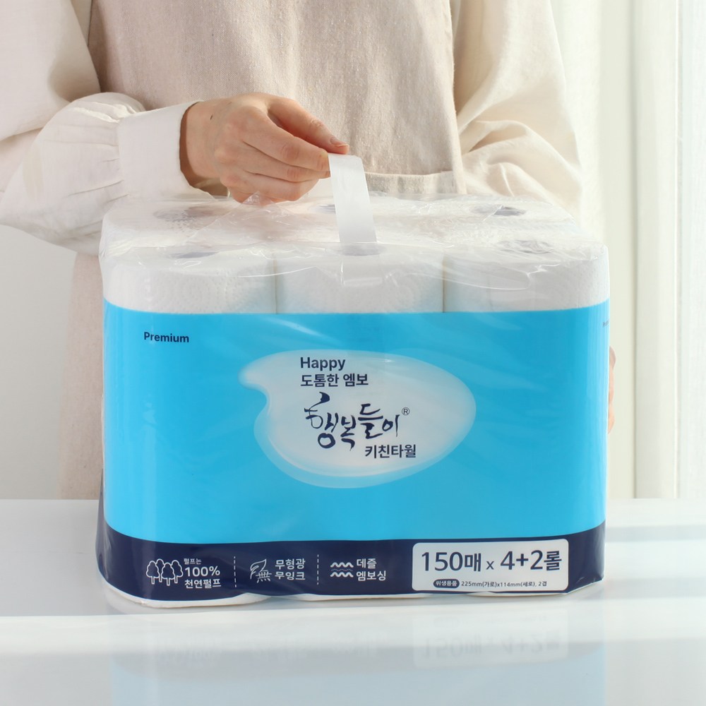 행복들이 도톰한 엠보 천연펄프 키친타월 150매 4+2롤 16,400원