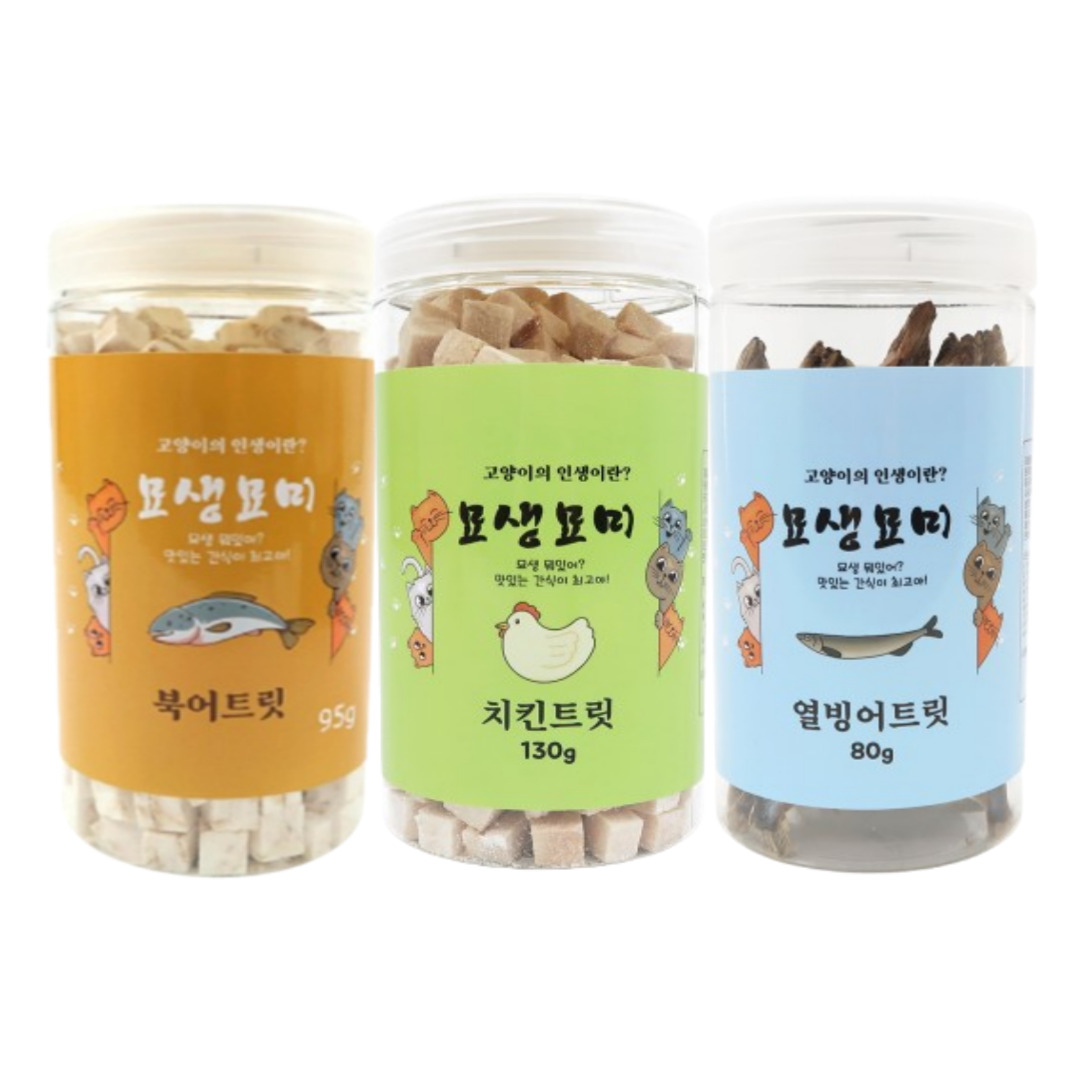 [국내제조] 최근생산 묘생묘미 북어트릿 치킨트릿 열빙어트릿 3종세트 고양이트릿 반려동물 동결건조 간식 34,600원