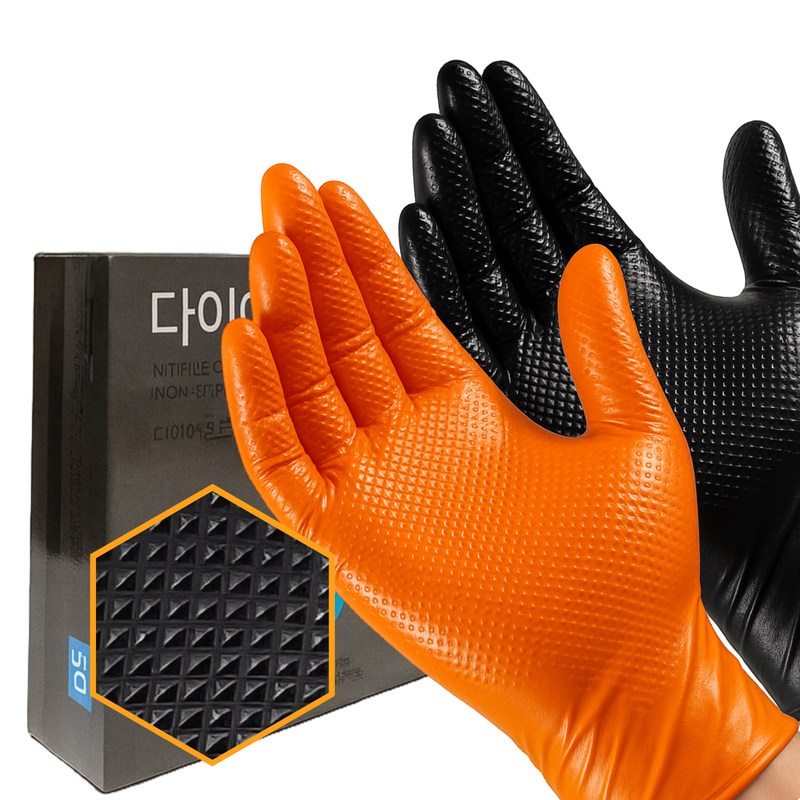 MODE 다이아몬드 니트릴 장갑 오렌지 블랙 50매 다회용 두톰 두툼 두꺼운 공업용 화학 배관 청소, 1박스, M, 블랙 9,500원