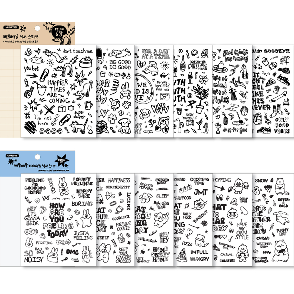 워너디스 삐뚤빼뚤 낙서 스티커 V.1 6p + V.2 6p 세트, 투명, 1세트 15,600원