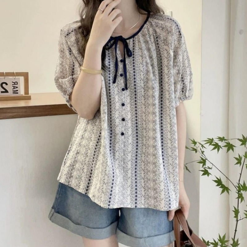 SAHINER 여성 반팔 블라우스 프린트 벌룬소매 리본 데일리 봄여름 BTX79 17,900원