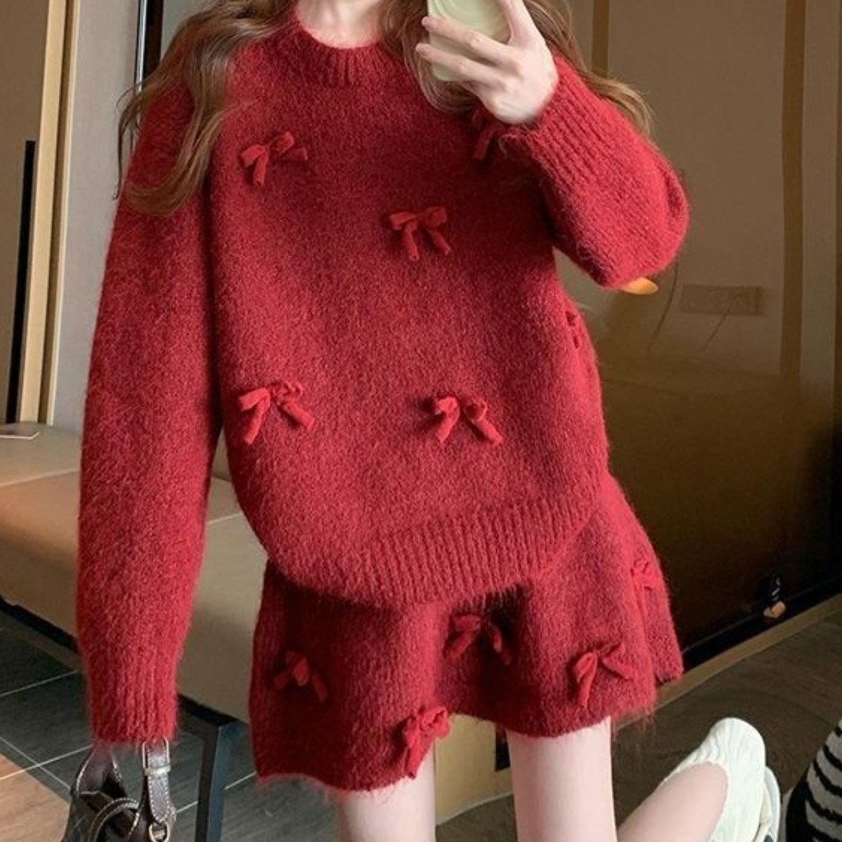 여성 가을 겨울 귀여운 리본 세트 니트 + 미니 스커트 캐주얼cy 44,560원