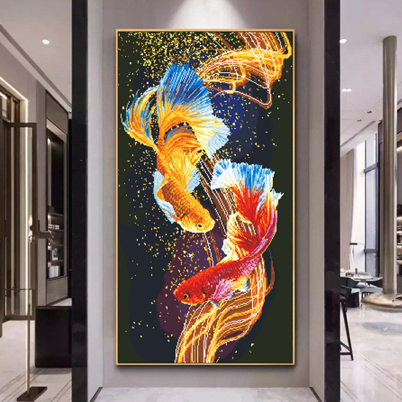 심스타 실십자수 행운의 두마리 물고기 복 들어오는 도안 프린트 풀패키지 DIY, 1개, 75x45cm 면사 3가닥자수 28,900원