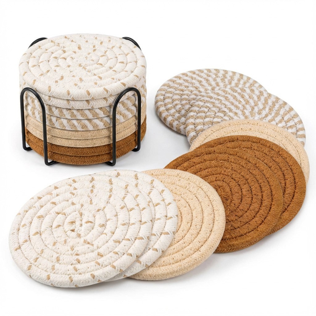 Jeernare 두툼한 코스터 삼베끈 컵받침 8개+수납 스탠드 세트, 1세트, 베이지 혼합 15,800원