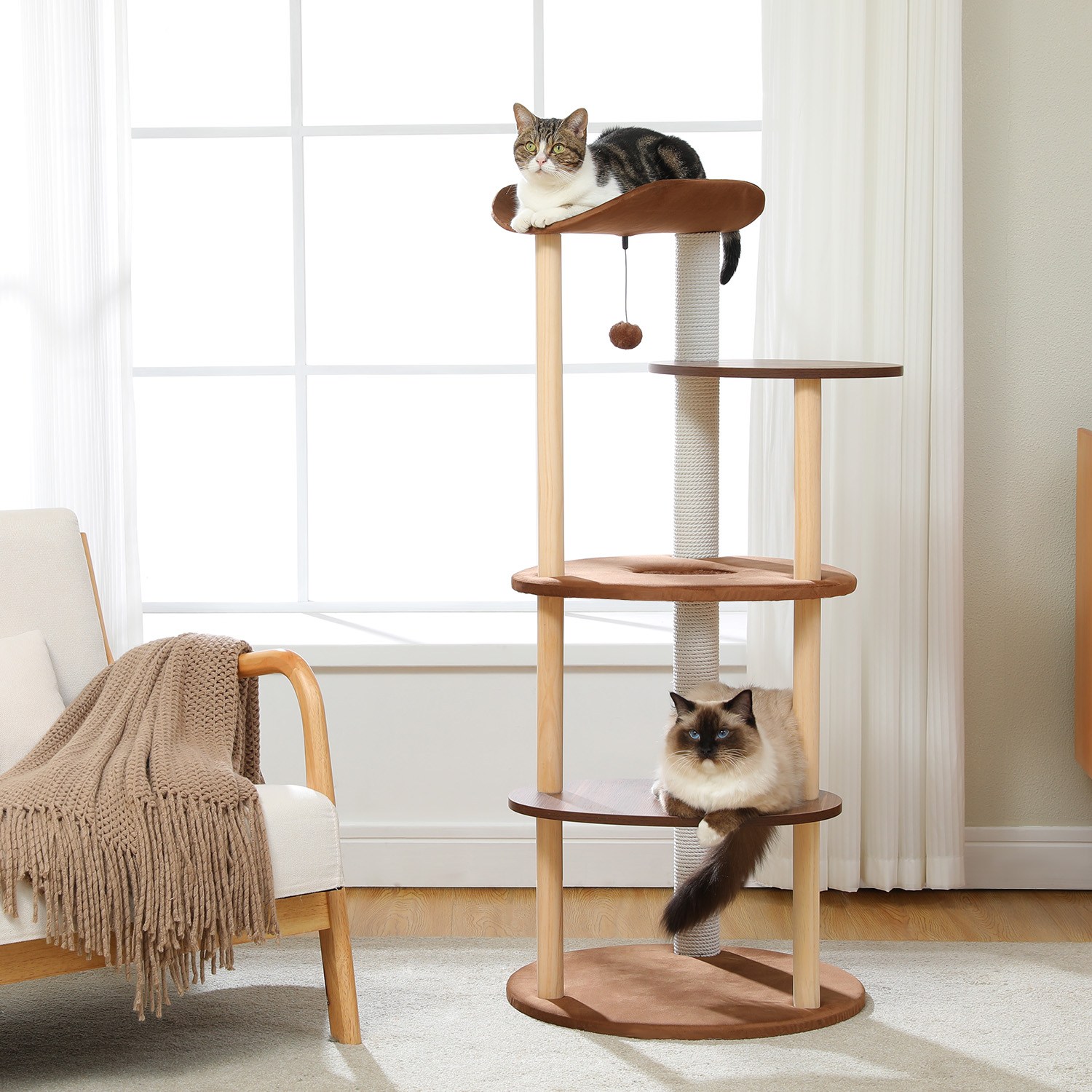 PAWZ Road 4단 모던 심플 고양이 우드 트리타워 원목 캣타워,스크래쳐 기둥 + 전망대 + 카펫, 1개, 브라운 118,000원