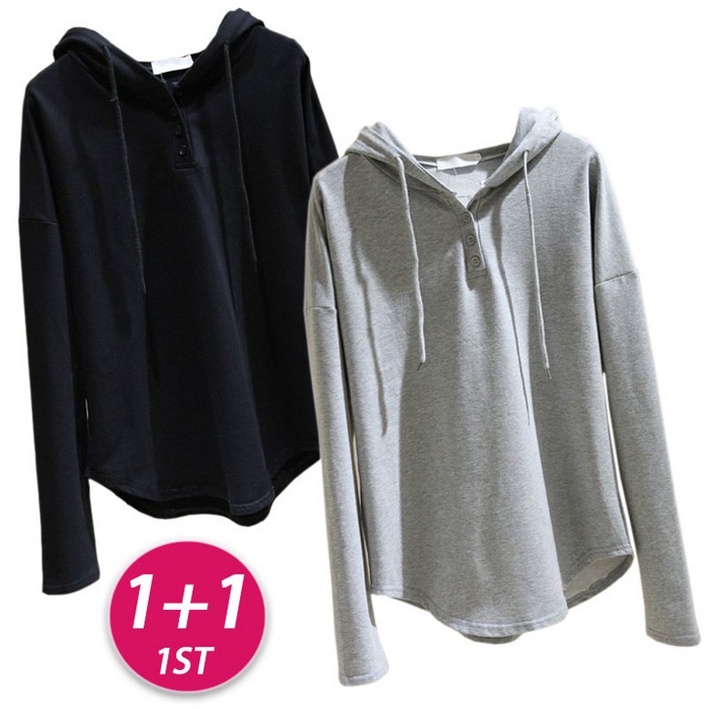 1+1 여성 봄 가을 베이직 버튼 포인트 긴팔 후드 티 풀오버 무지 맨투맨  루즈핏 후디 캐주얼 데일리 간절기 스트랩 이너 후드 [2장 묶음] 27,680원