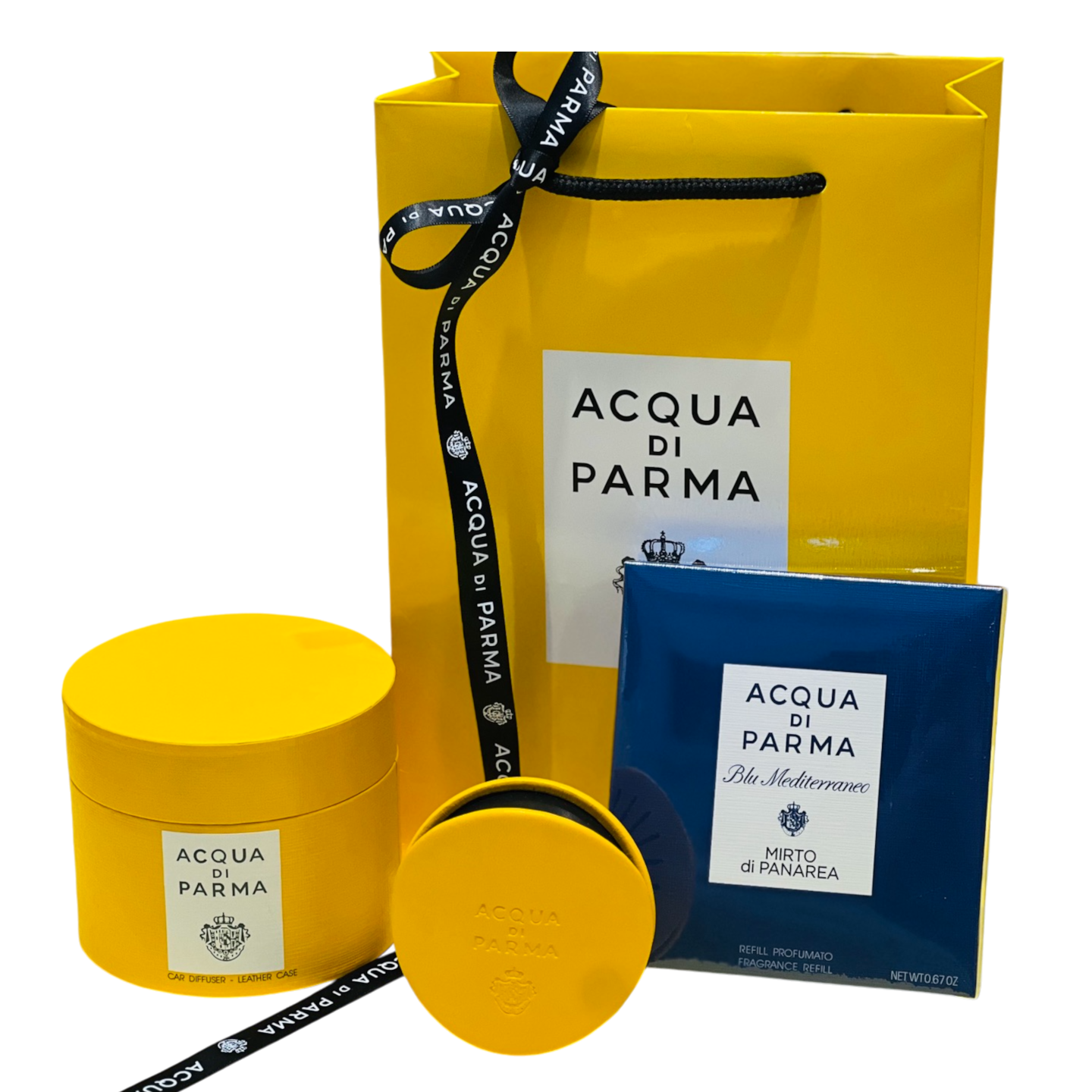 [당일배송] 아쿠아 디 파르마 차량용 방향제 선물세트 (케이스+카트리지) 쇼핑백 포함, 1세트, 미르토 [옐로우 레더 케이스] 149,000원