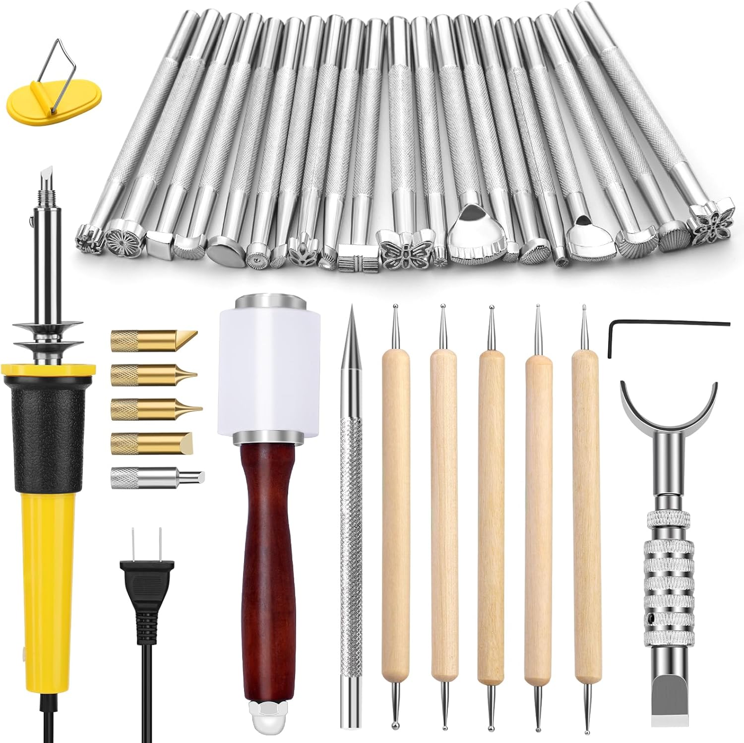 가죽 스탬핑 도구 조각 세트 나무 태우기 키트가 포함된 초보자용 작업 키트 스탬프 펀치 및 조절 가능한 회전 나이프 안장 제작 84,980원