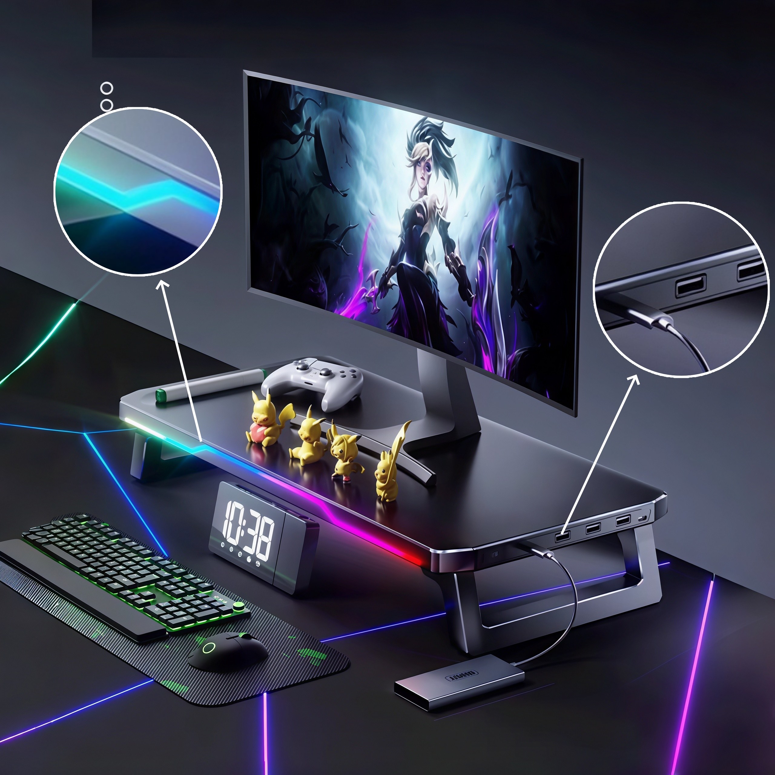 모니터받침대 다양한 게임 분위기 조명 및 USB 2.0 허브 기능, 1개, 블랙 40,000원