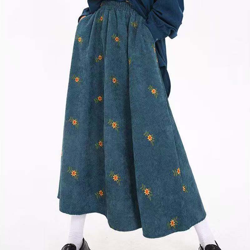 봄가을 신상 여성 스커트 빈티지 코듀로이 자수 A라인 플라워 롱스커트 어디에나 밴딩 허리가 날씬해 보이는 우산 스커트 41,990원