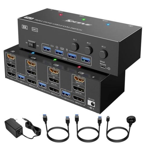 KCEVE KVM 스위치 3 컴퓨터 모니터 3 개 HDMI 및 디스플레이 포트 USB 3.0 KVM 스위처 3 PC용 트리플 모니터 DP KVM 8K  30Hz 4K  144Hz 127,290원