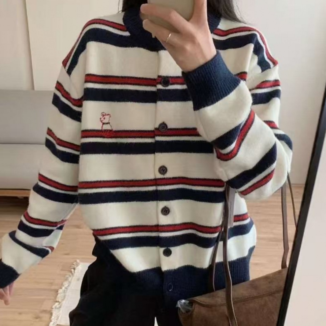 여성 스트라이프 박시 니트 카디건 소프트 라운드 니트 코트LCL202 21,000원