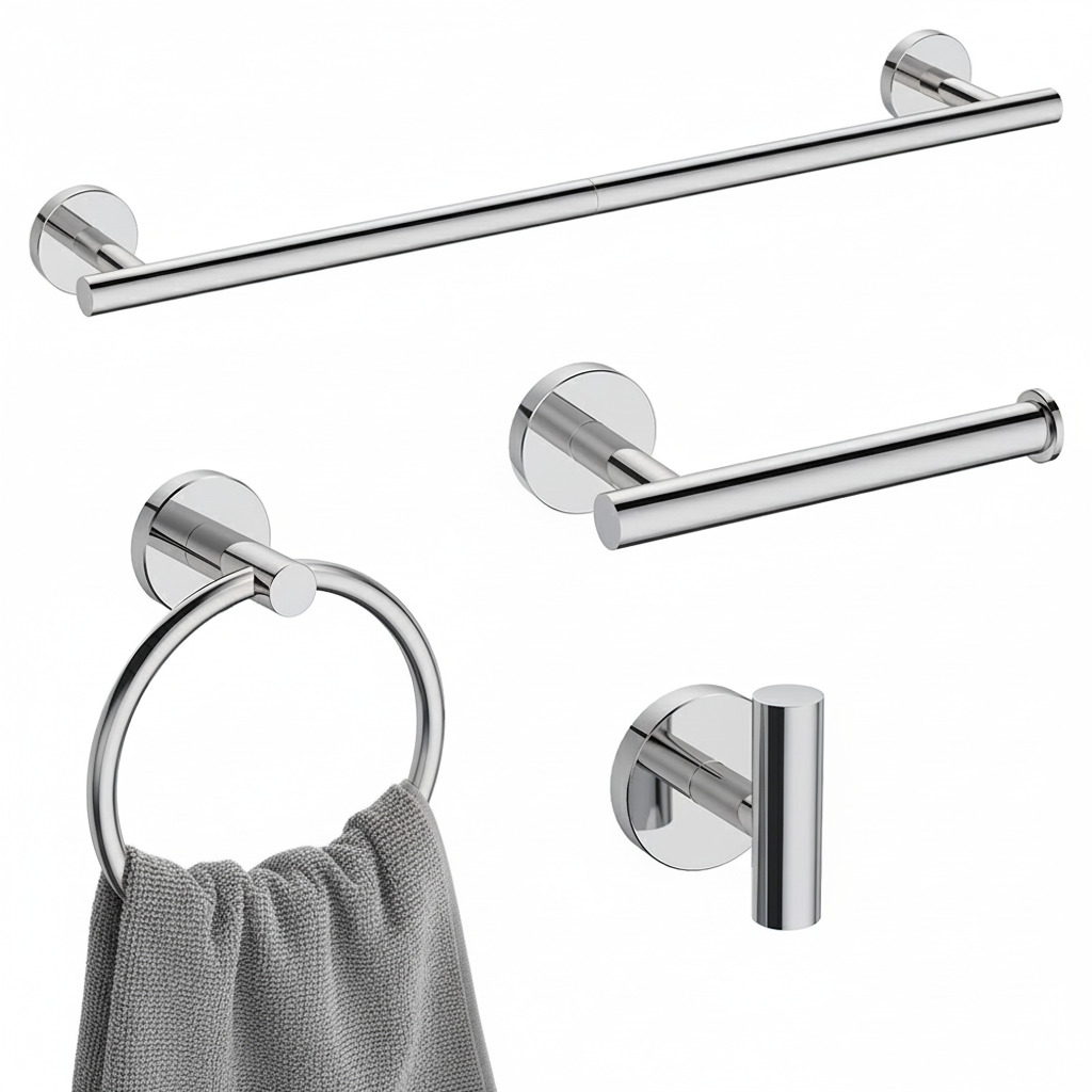 USHOWER 블랙 욕실 액세서리 세트 4종 구성 모던 수건걸이 휴지걸이 타월링 옷걸이 스테인리스 벽걸이형 46cm, 은색 42,000원