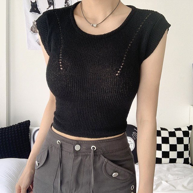 [잘록날씬/3col] 트리밍 뒷트임 리본 크롭 부클 반팔 니트 17,900원