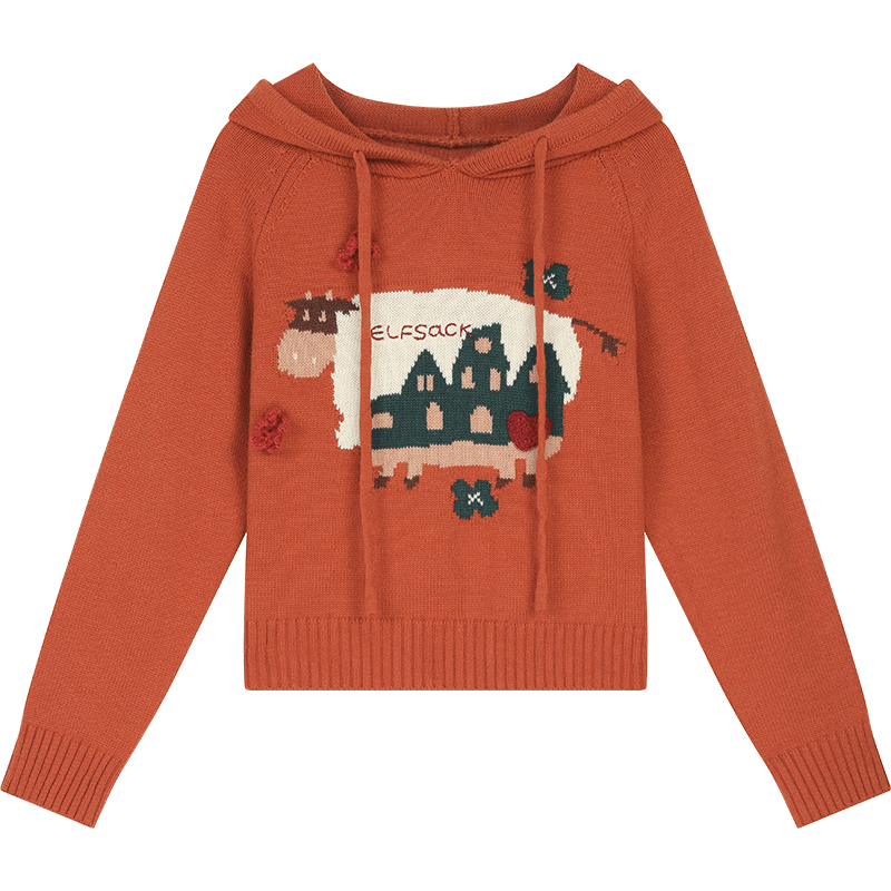 ELFSACK 여성 오버핏 후드 니트 울 혼방 꽃 자수 포근한 풀오버 겨울 가디건 캐주얼 루즈핏 니트 80,980원