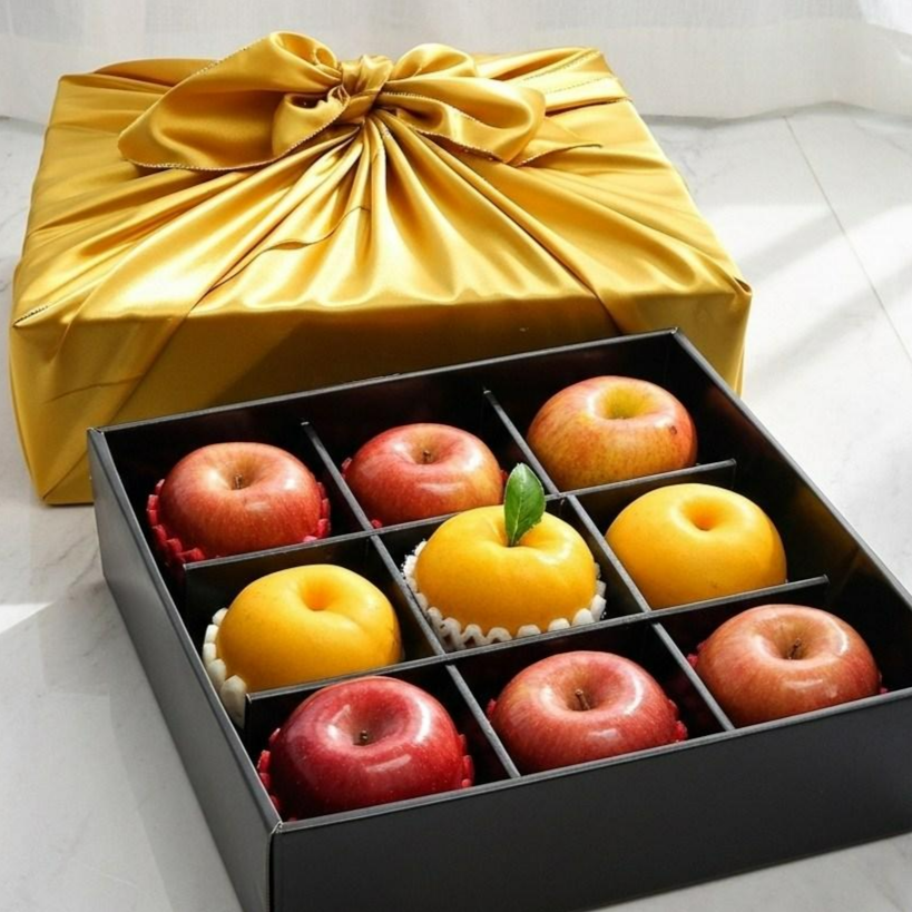 [백화점납품] 고급 포장으로 마음 전하는 9칸 보자기 과일 선물세트, 1박스, 어울림세트 / 사과6+배3 101,790원