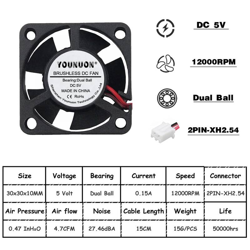 2PCS YOUNUON 듀얼 볼 베어링 DC 24V 12V 5V 3cm 30mm 30x30x10mm 3010 브러시리스 미니 쿨러 냉각 팬 19,600원