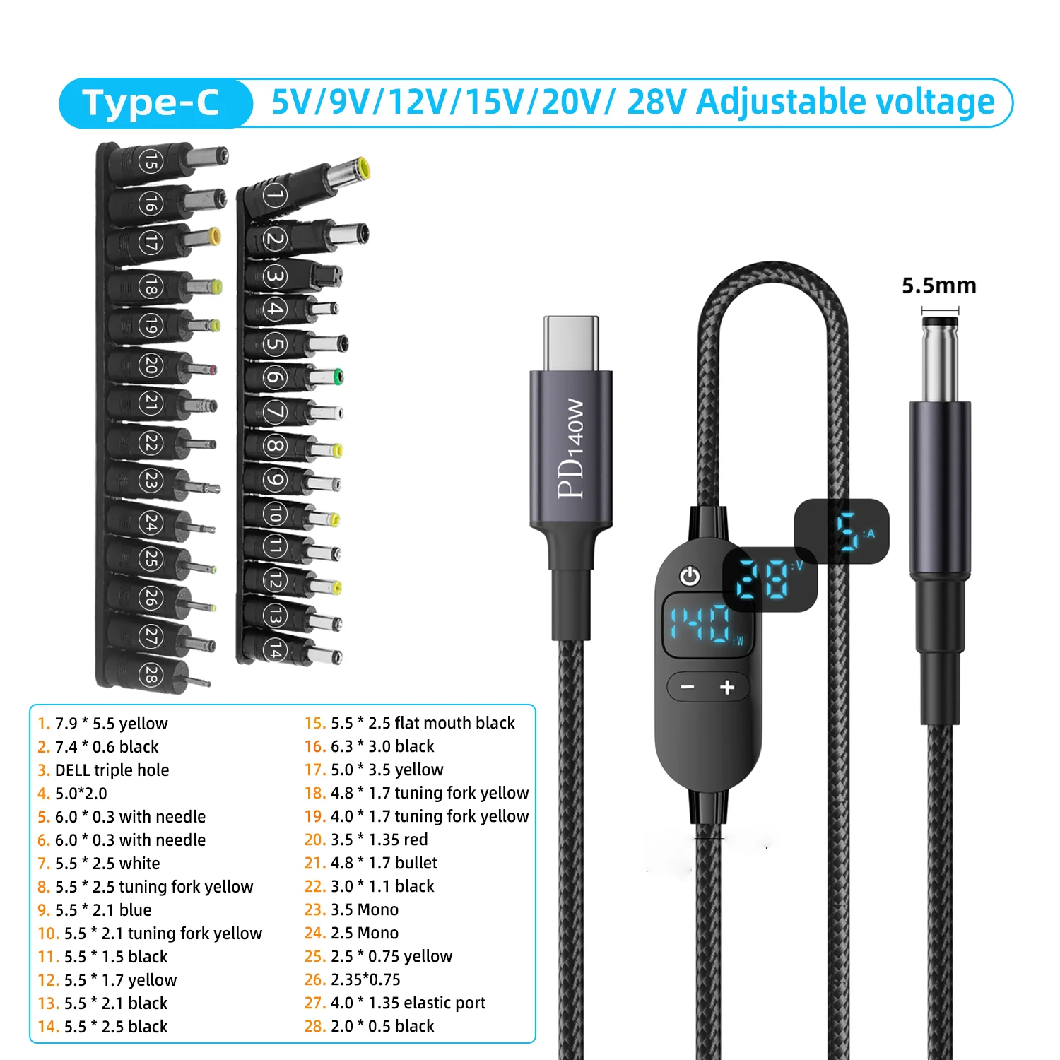 USB C to DC 파워 부스트 케이블 140W 타입 5V 9V 12V 20V 28V 조절 가능한 전압 어댑터 커넥터 코드 노트 22,400원