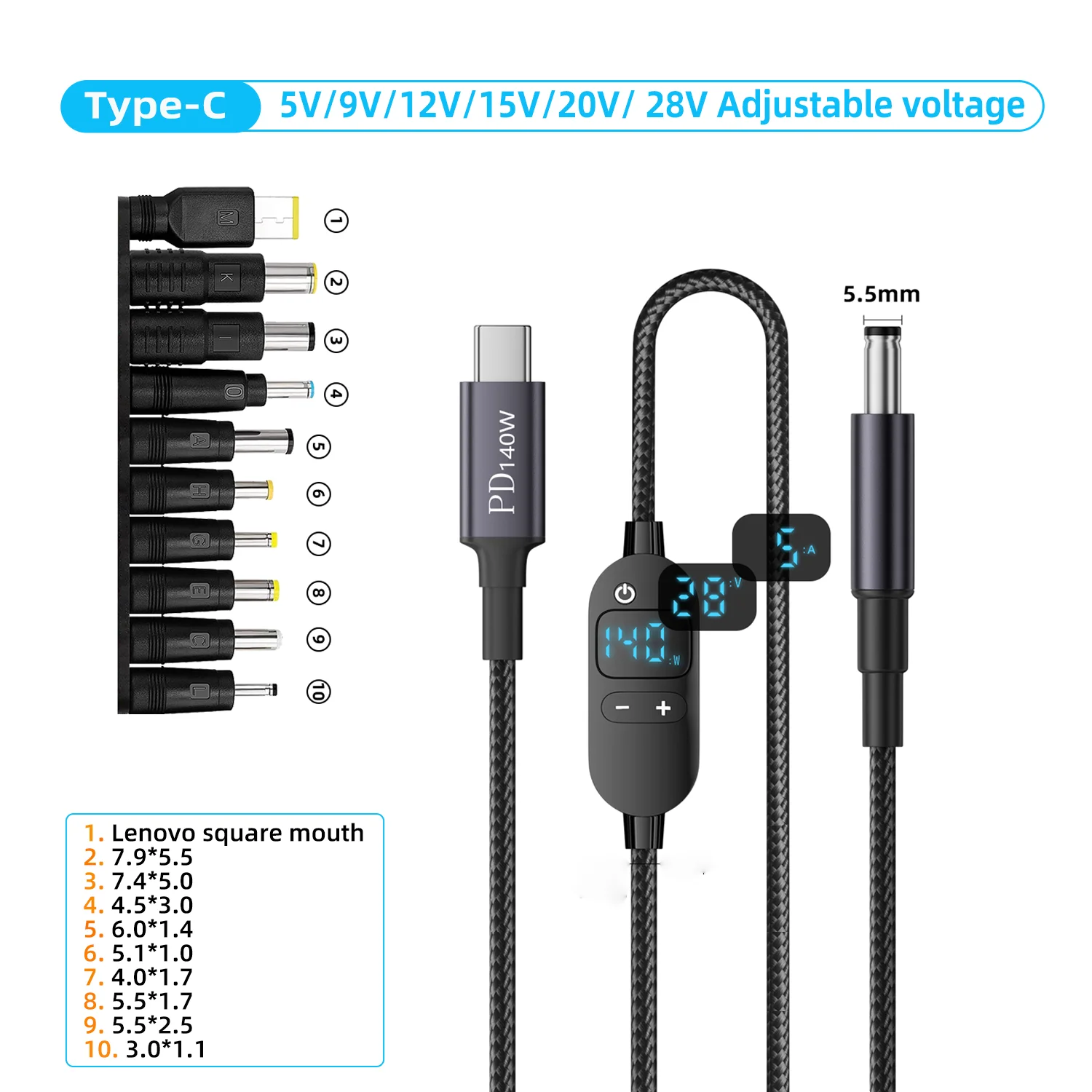 호환 USB C to DC 파워 부스트 케이블 140W 타입 C to 5V 9V 12V 15V 20V 28V  전압 어댑터 커넥터 코드 노 18,900원