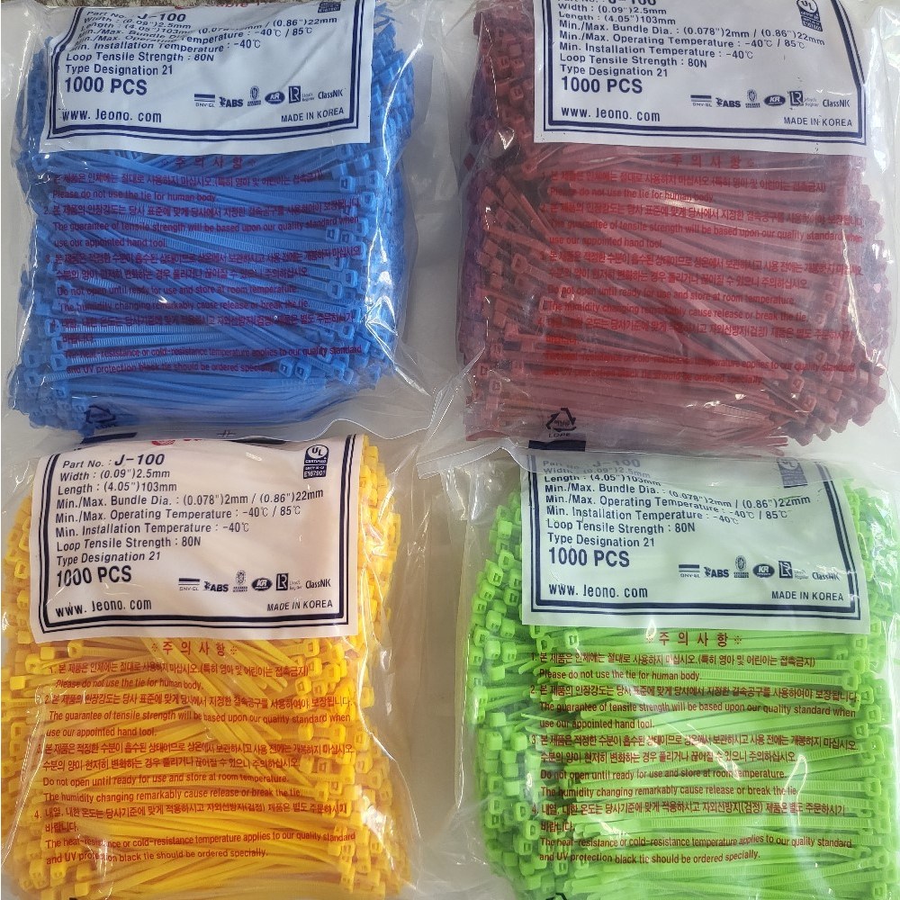 전오 국산 케이블타이 칼라타이 컬러타이 색상타이 적색청색황색녹색 봉단위 100mm(1000개입)  J-100 4,480원
