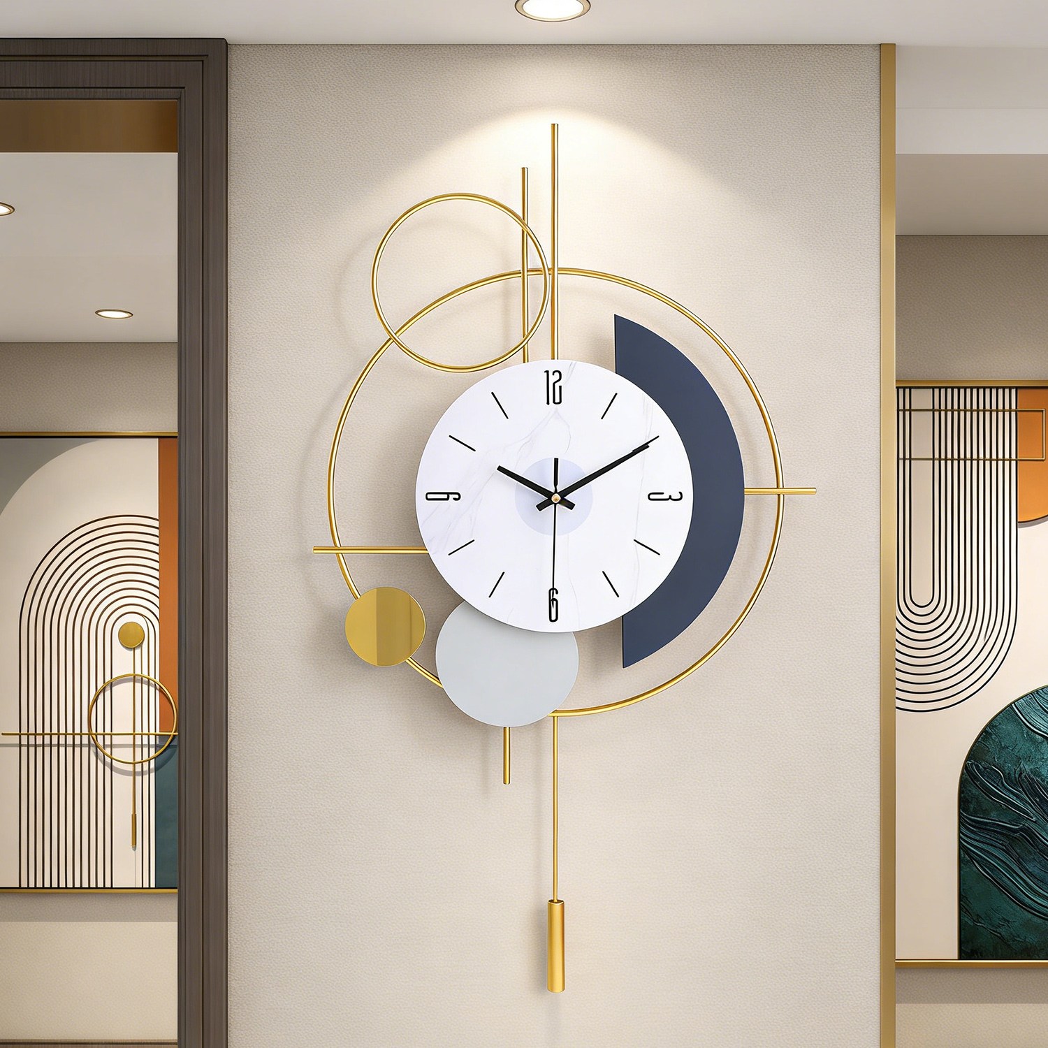 지오메트리 콜라주 아트 벽시계 메탈 원형 세로 바 프레임 비정형 컬러 블록 디자인 롱 펜듈럼 무소음 무브먼트 현관 거실 복도 장식 모던 라이트 럭셔리 북유럽 인테리어 시계, Golden 48,900원