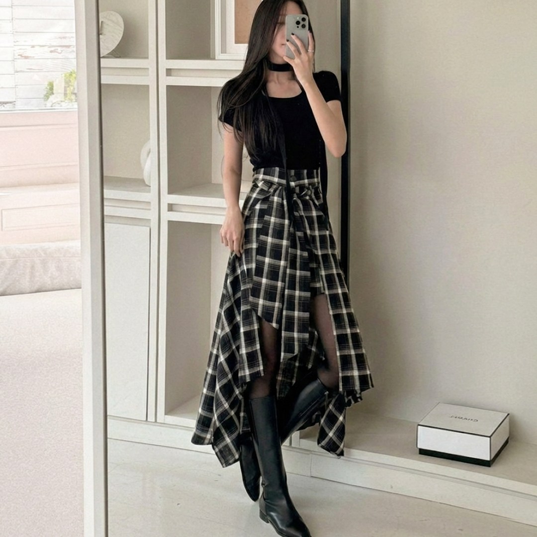 떳다그녀 프리츠 타탄체크 매듭 반바지 레이어드 롱스커트 언발 A라인 유니크 치마바지 57,800원