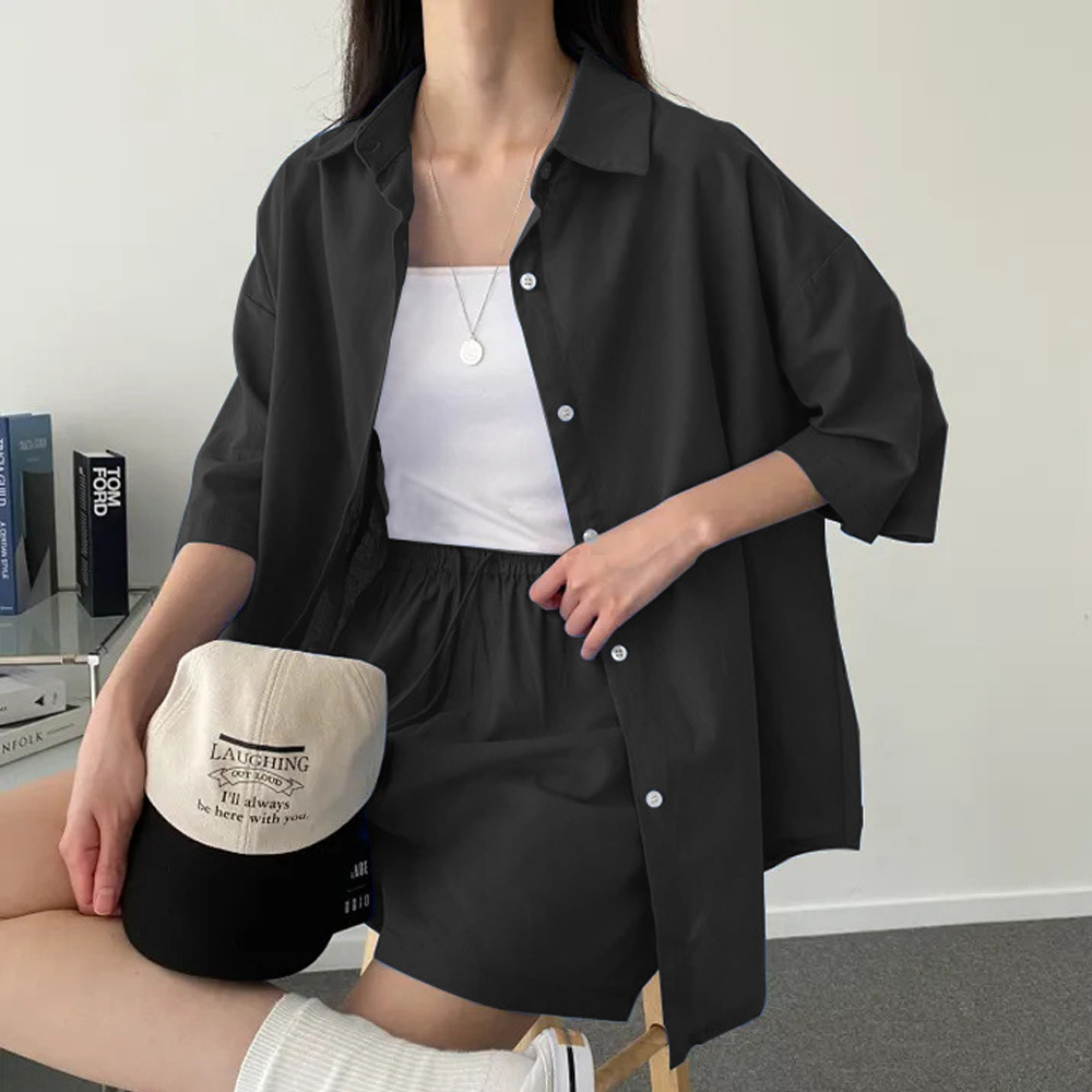 더시럽 여성용 간편한 데일리 셔츠 반바지 투피스, 현재가 30,750원