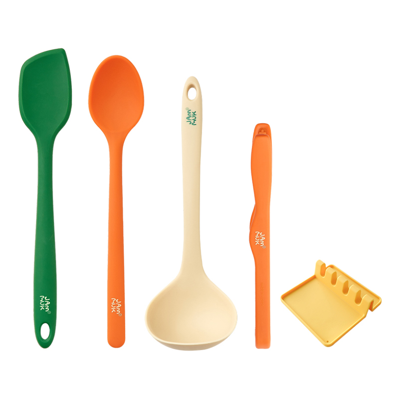 잼먹 국내 제조 실리콘 이유식 조리도구 5종 세트, 스파츌라 + 집게 + 요리스푼 + 국자 + 거치대, 1세트, J세트 28,800원
