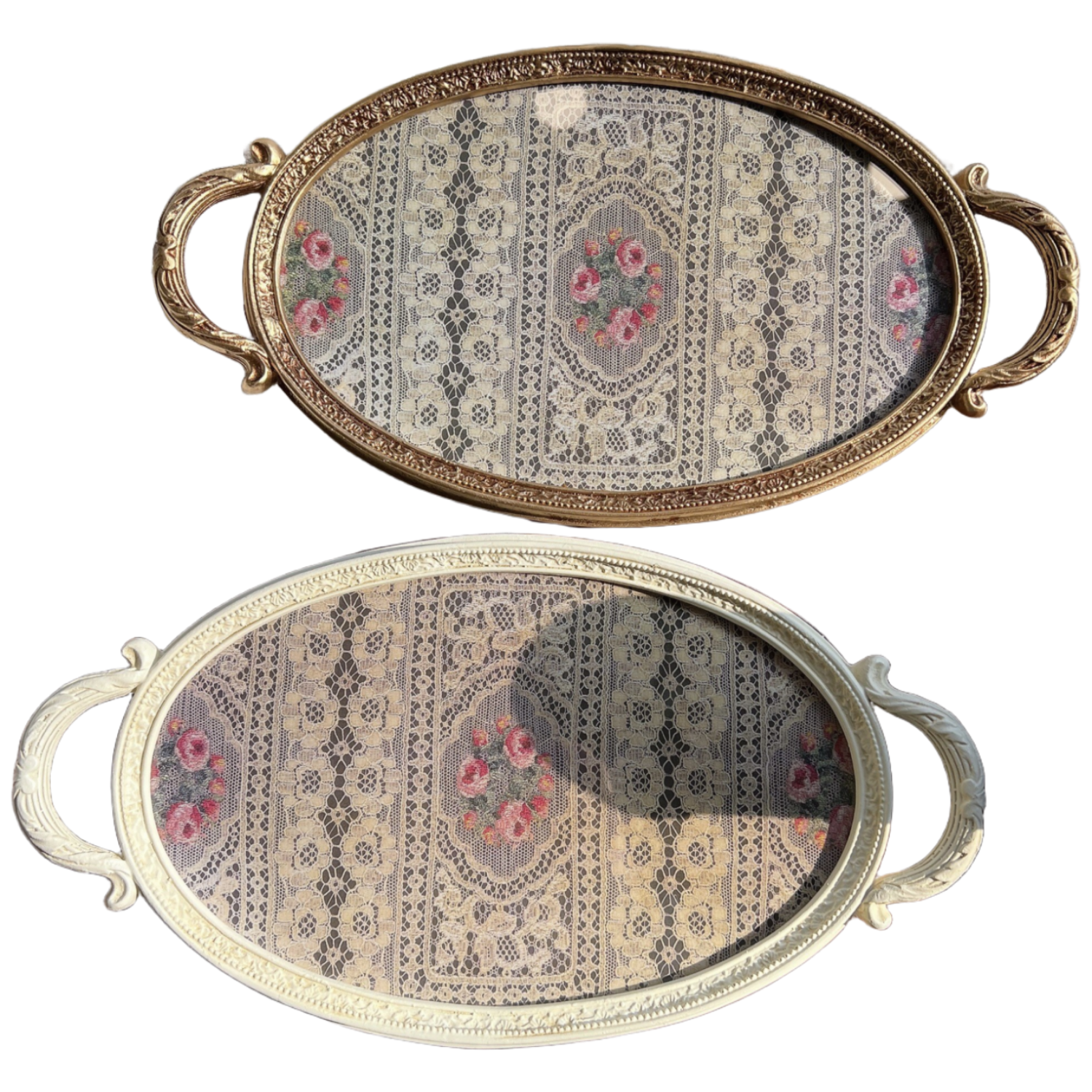 허니상점 국내제작 국산 고급 앤틱 마블 플라워 장식 원형 손잡이 화장품 악세사리 정리 진열 트레이 쟁반/2size,2color, 1개 34,000원