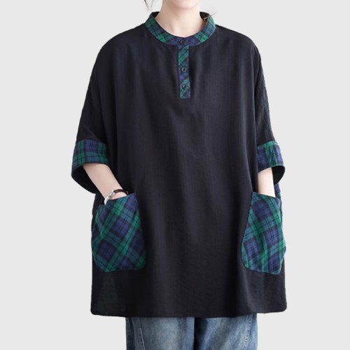 퀸앤조이 미녀77 헨리넥 체크 포인트 반팔 블라우스 38,800원