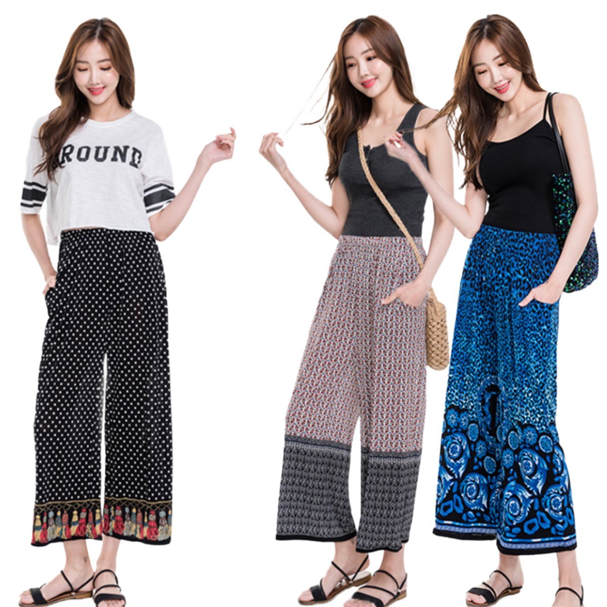 1+1(2장 묶음) 이라인 여성 아이스 냉감 보더나염 9부 냉장고 밴딩 통바지 와이드팬츠 16,900원