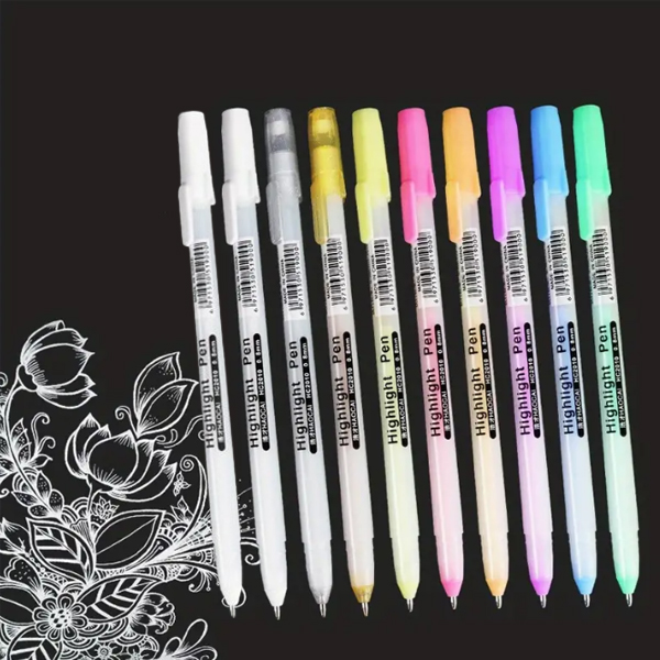 하이라이트 컬러 젤펜 1세트 8개입+화이트2개 캘리그라피 흰색 다꾸 마카 공예, 1세트 9,900원