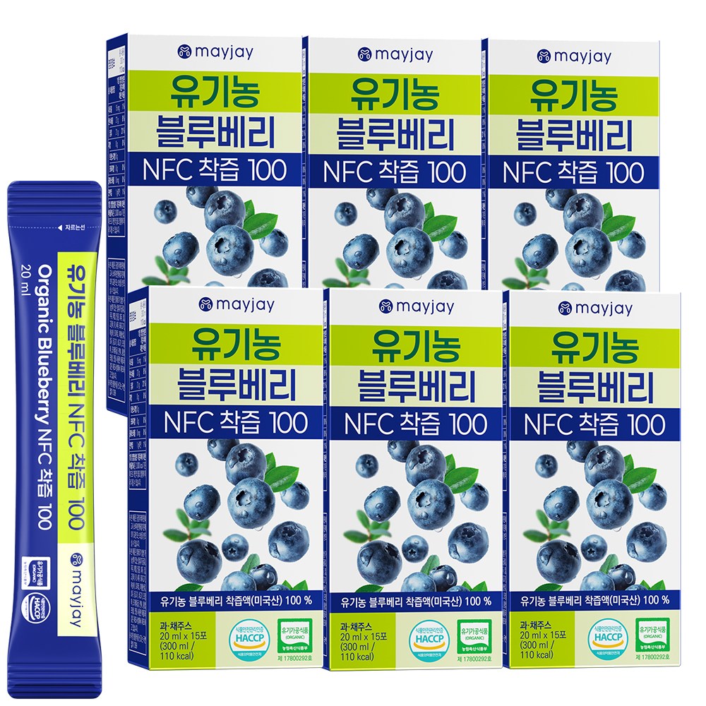 유기농 블루베리즙 100% 착즙 NFC 주스 스틱 메이제이, 6박스, 300ml 80,090원