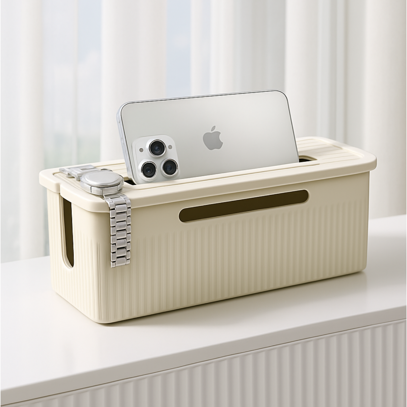 담하온 편리한 충전 핸드폰 거치 멀티탭 보관함, 화이트, 1개 9,900원