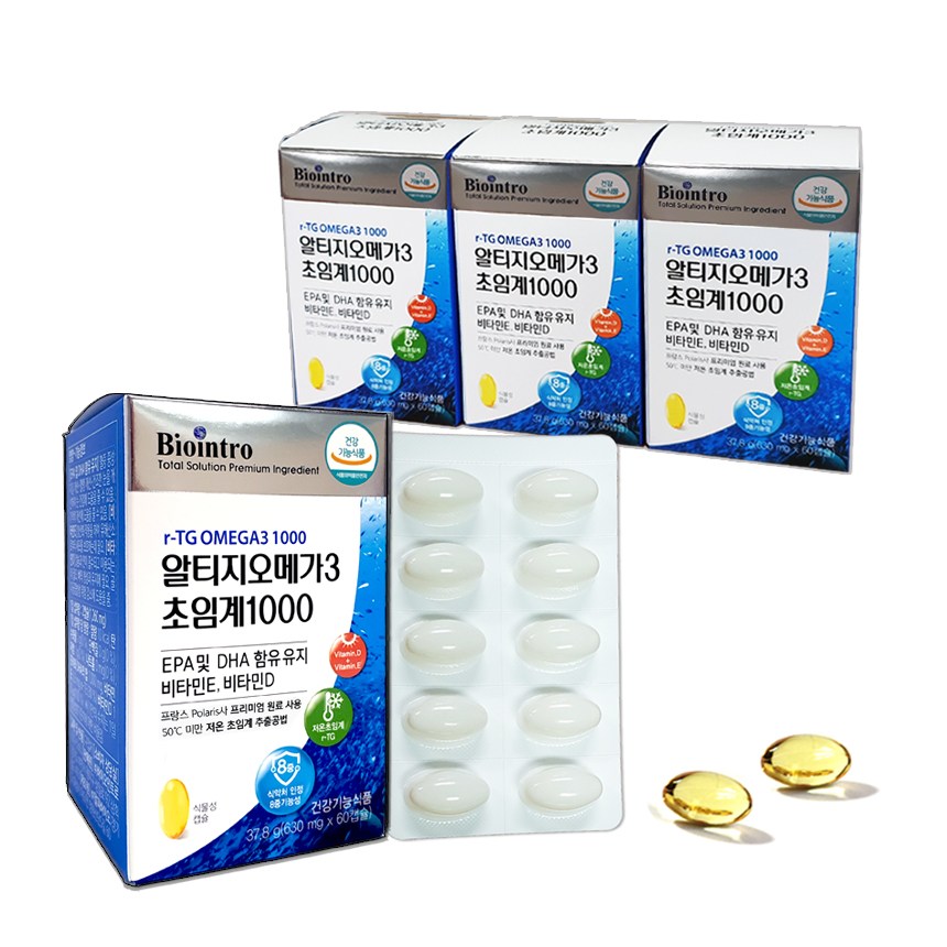 알티지오메가3 초임계 1000 비타민E 비타민D 함유 1000mg EPA+DHA 비린내 없는 저온초임계 RTG 오메가쓰리 알작은 식물성 캡슐, 60정, 4개, 현재가 92,400원