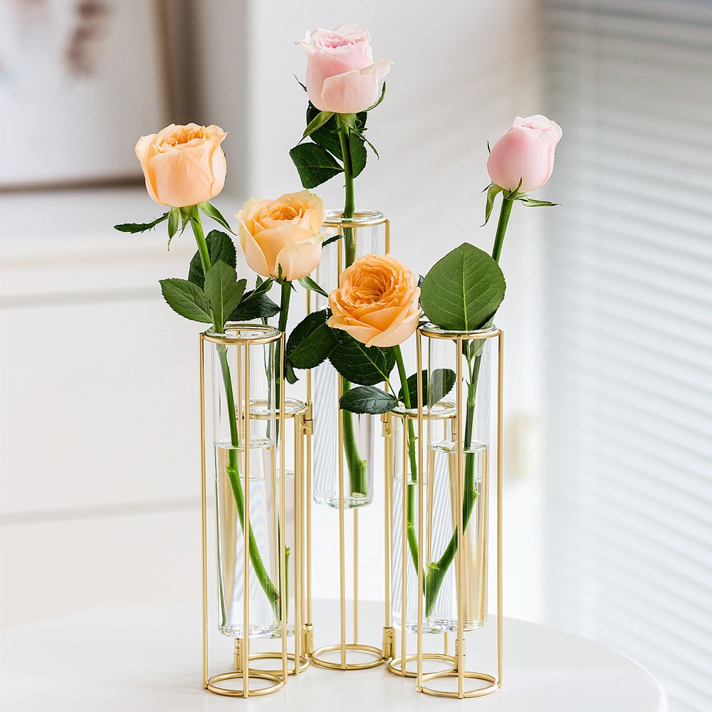 VITALO 이케바나 실린더 베이스 5구 화병 플라워 꽃병 인테리어 소품 꽃꽂이, PGC_골드프레임+투명유리 24,800원