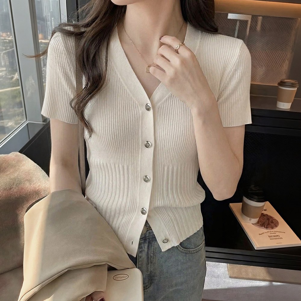 SOSISI 여성 여름 니트 가디건 반팔 브이넥 골지 카디건 260655 18,900원
