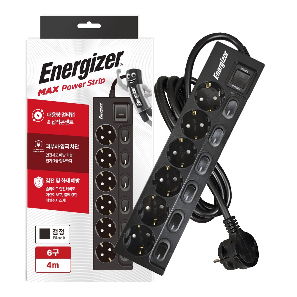 에너자이저 개별스위치 멀티탭 6구 납작플러그 과부하차단 16A, 1개, 블랙(개별스위치 6구), 4m 37,300원