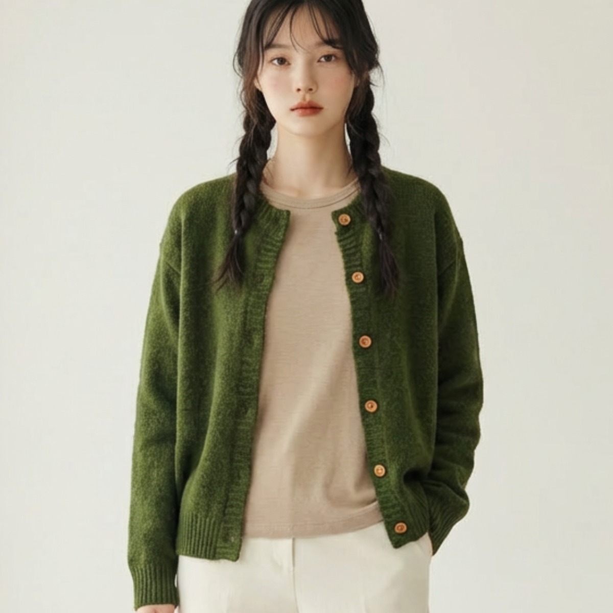 OFFONOFF 여성 레트로 울니트 가디건 올리브 그린 29,000원